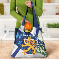 Personalised Finland Independence Day Grocery Bag Lily Of The Valley Mix Holly Blue - Coat Of Arms Style