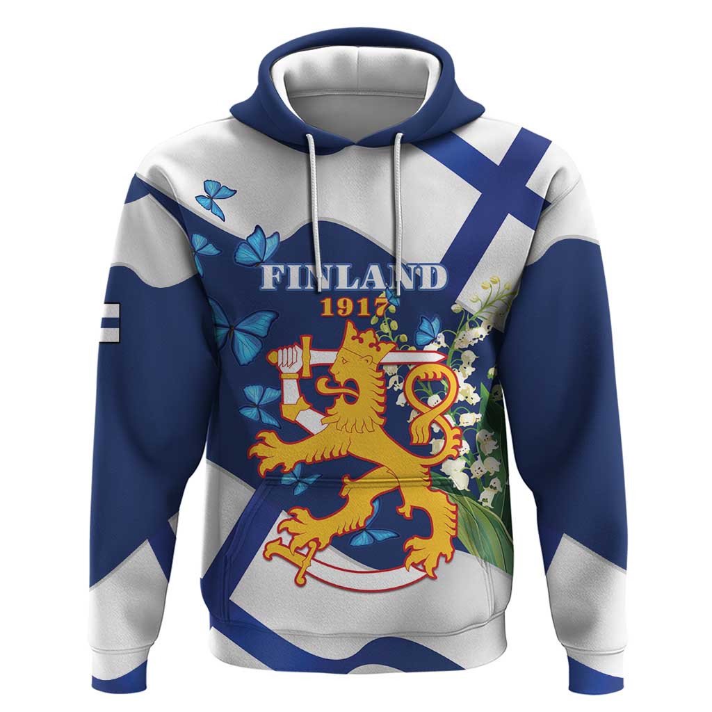 Personalised Finland Independence Day Hoodie Lily Of The Valley Mix Holly Blue - Coat Of Arms Style - Wonder Print Shop