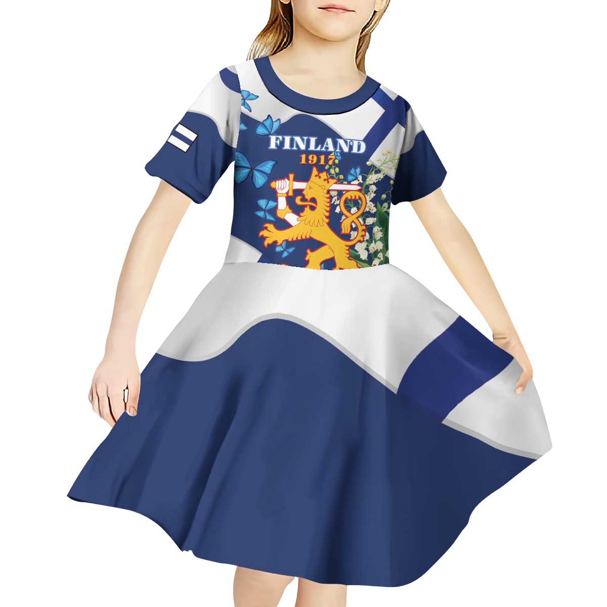 Personalised Finland Independence Day Kid Short Sleeve Dress Lily Of The Valley Mix Holly Blue - Coat Of Arms Style - Wonder Print Shop