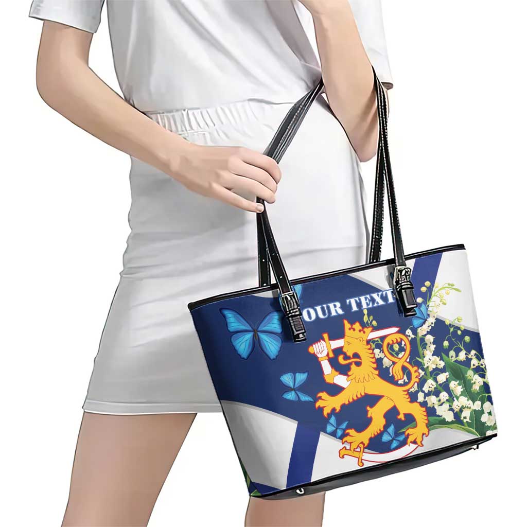 Personalised Finland Independence Day Leather Tote Bag Lily Of The Valley Mix Holly Blue - Coat Of Arms Style - Wonder Print Shop