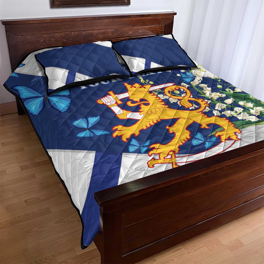 Personalised Finland Independence Day Quilt Bed Set Lily Of The Valley Mix Holly Blue - Coat Of Arms Style - Wonder Print Shop