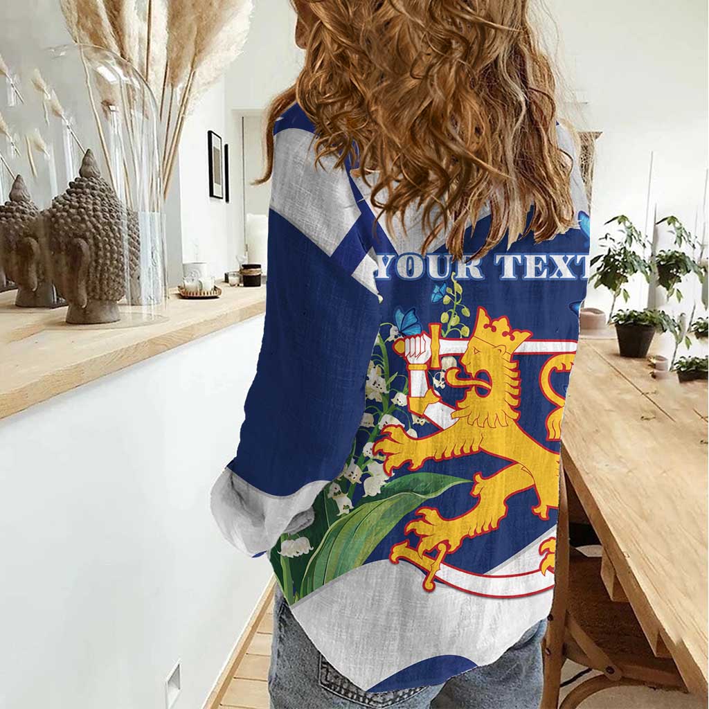 Personalised Finland Independence Day Women Casual Shirt Lily Of The Valley Mix Holly Blue - Coat Of Arms Style - Wonder Print Shop