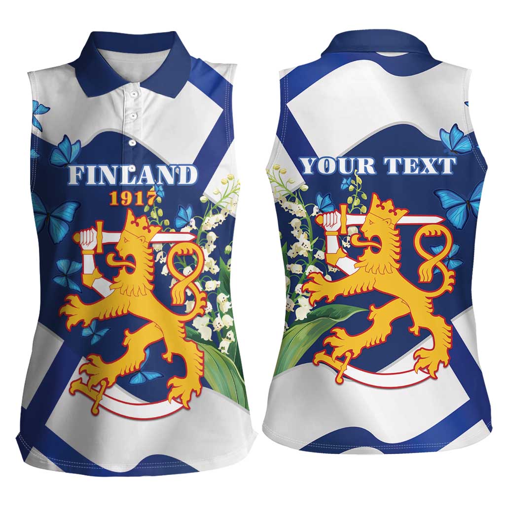 Personalised Finland Independence Day Women Sleeveless Polo Shirt Lily Of The Valley Mix Holly Blue - Coat Of Arms Style - Wonder Print Shop
