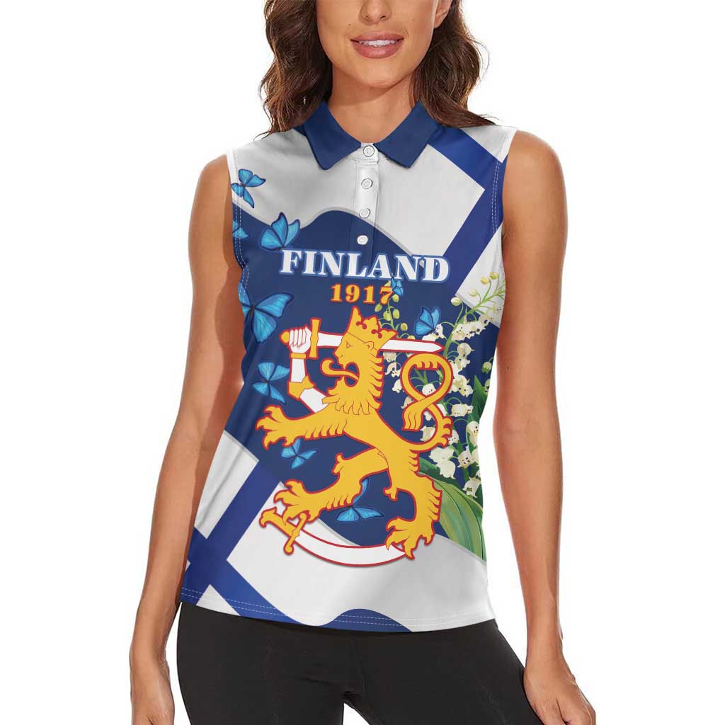 Personalised Finland Independence Day Women Sleeveless Polo Shirt Lily Of The Valley Mix Holly Blue - Coat Of Arms Style - Wonder Print Shop