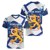 Personalised Finland Independence Day Women V-Neck T-Shirt Lily Of The Valley Mix Holly Blue - Coat Of Arms Style - Wonder Print Shop