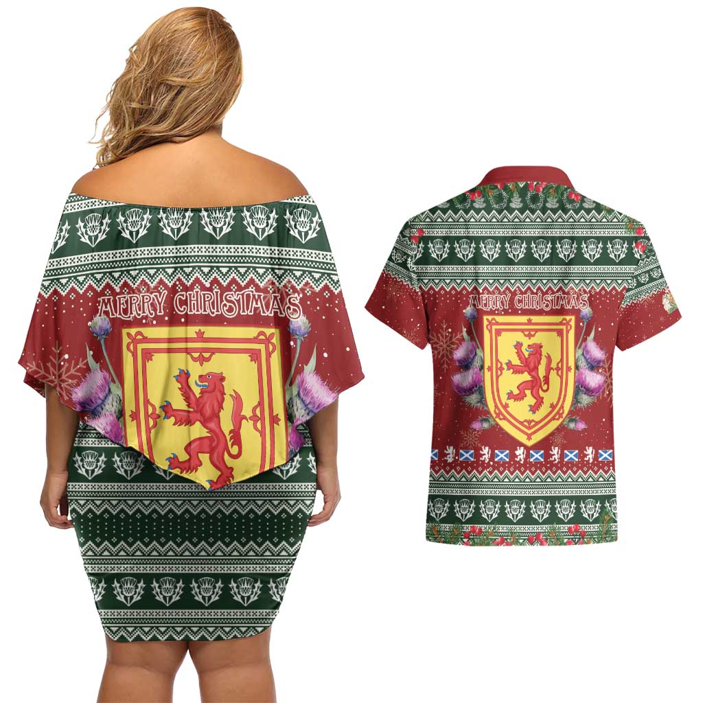 Scotland Christmas Couples Matching Off Shoulder Short Dress and Hawaiian Shirt The Royal Arms of Scotland With Thistle - Wonder Print Shop