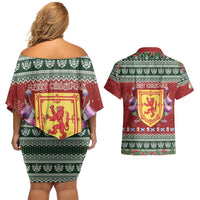Scotland Christmas Couples Matching Off Shoulder Short Dress and Hawaiian Shirt The Royal Arms of Scotland With Thistle - Wonder Print Shop