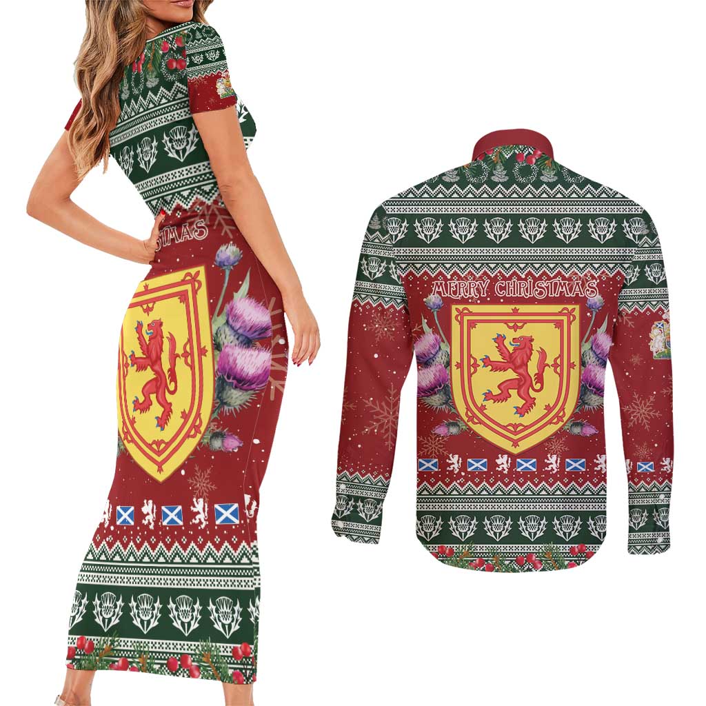 Scotland Christmas Couples Matching Short Sleeve Bodycon Dress and Long Sleeve Button Shirt The Royal Arms of Scotland With Thistle - Wonder Print Shop