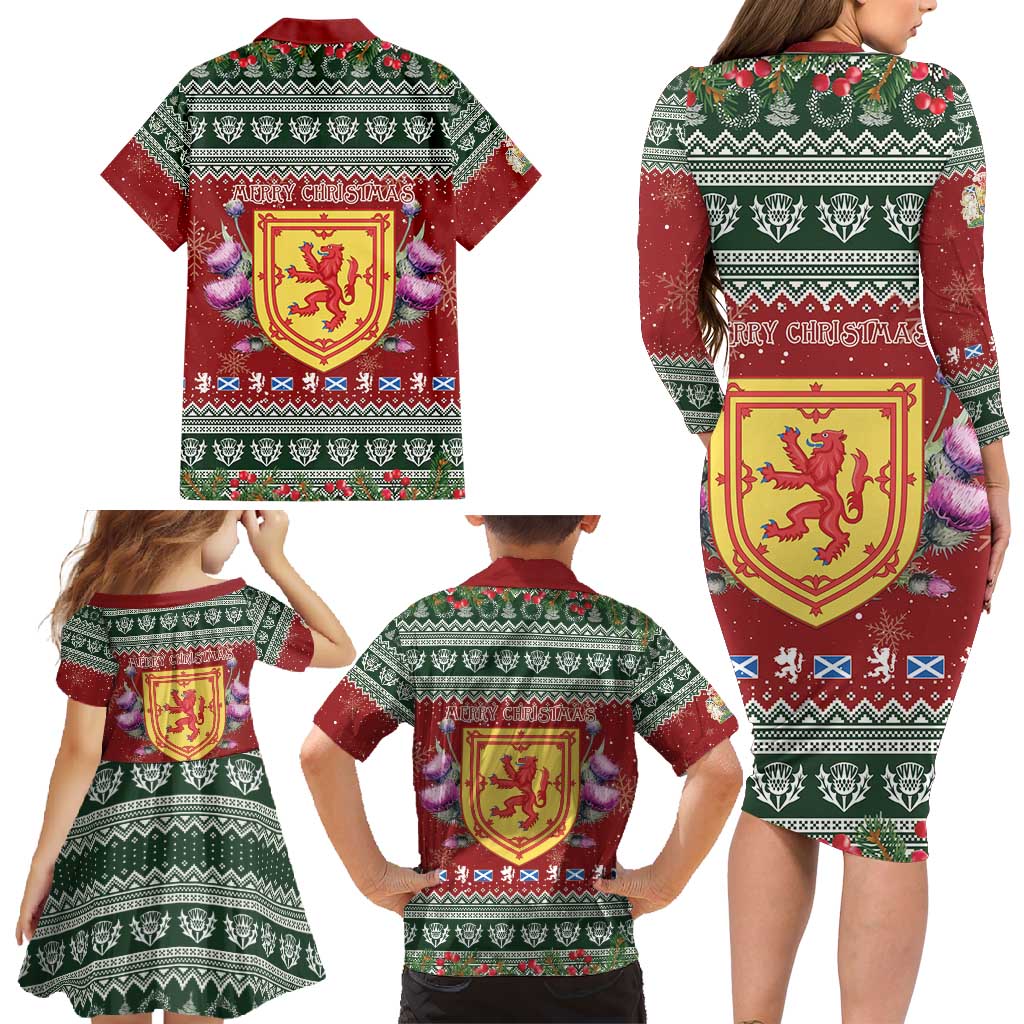 Scotland Christmas Family Matching Long Sleeve Bodycon Dress and Hawaiian Shirt The Royal Arms of Scotland With Thistle - Wonder Print Shop