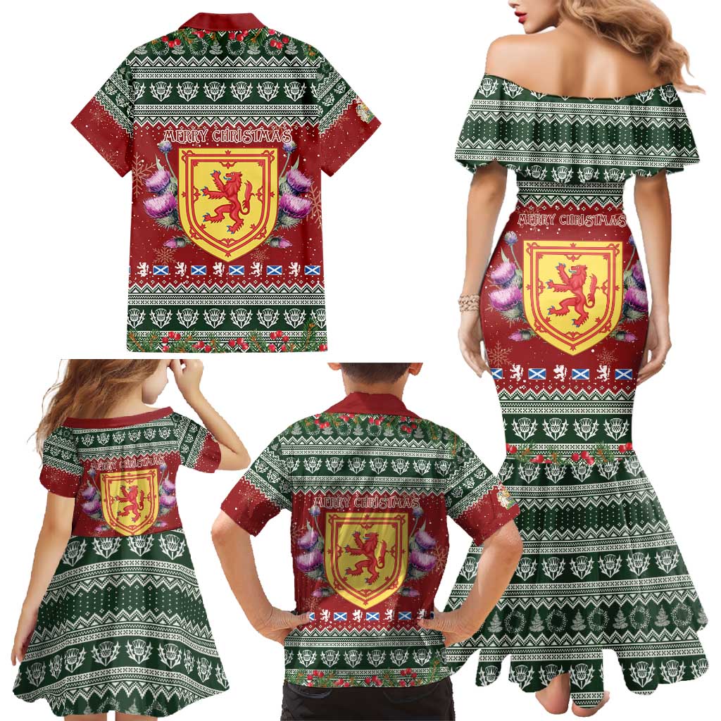 Scotland Christmas Family Matching Mermaid Dress and Hawaiian Shirt The Royal Arms of Scotland With Thistle - Wonder Print Shop