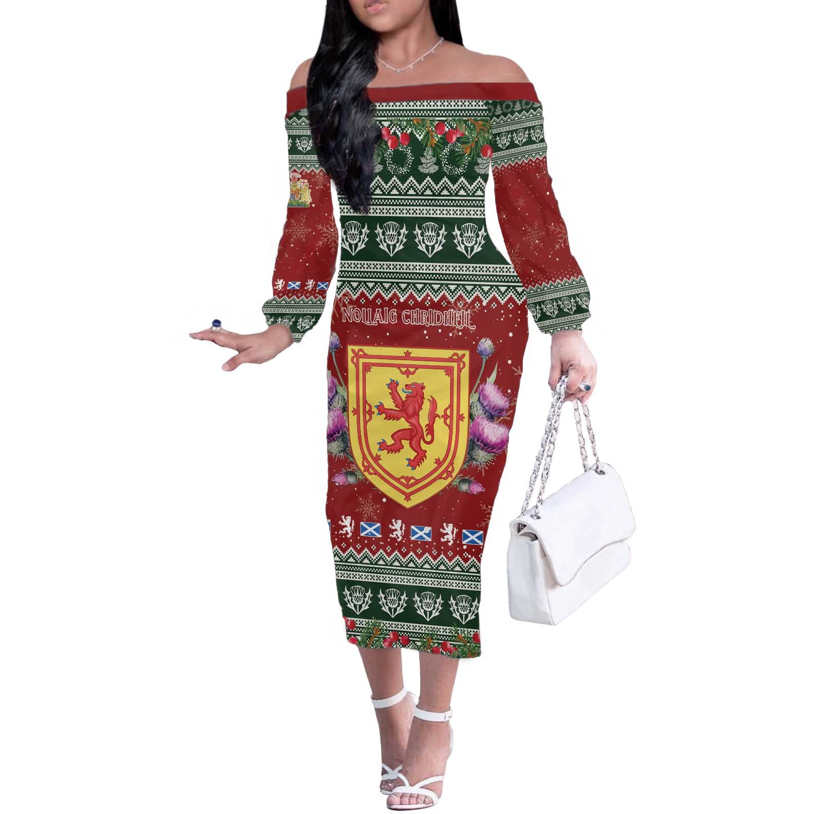 Scotland Christmas Off The Shoulder Long Sleeve Dress The Royal Arms of Scotland With Thistle - Wonder Print Shop