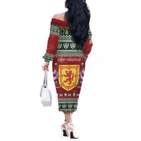 Scotland Christmas Off The Shoulder Long Sleeve Dress The Royal Arms of Scotland With Thistle - Wonder Print Shop