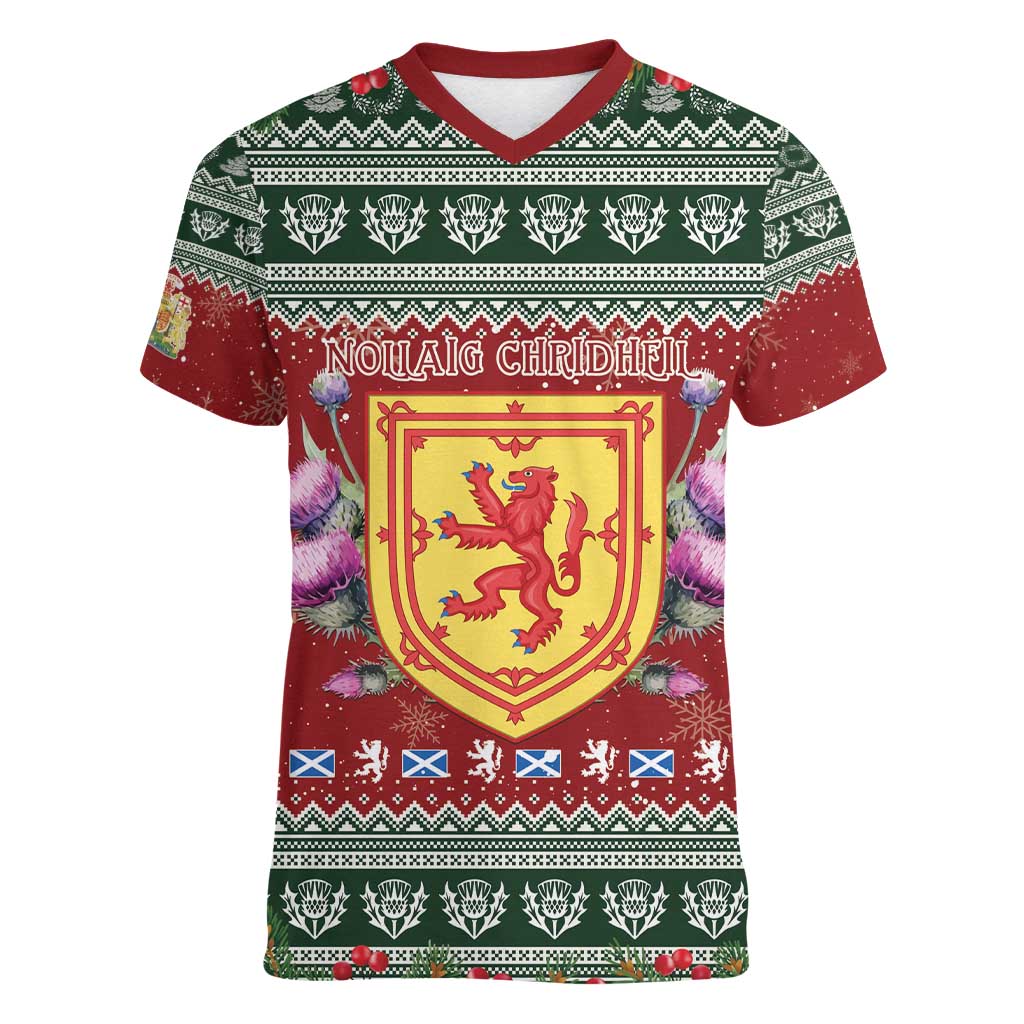 Scotland Christmas Women V-Neck T-Shirt The Royal Arms of Scotland With Thistle - Wonder Print Shop