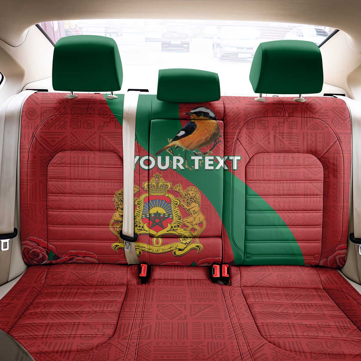 Personalised Morocco Proclamation Day Back Car Seat Cover Moussier's Redstart With Coat Of Arms - Wonder Print Shop