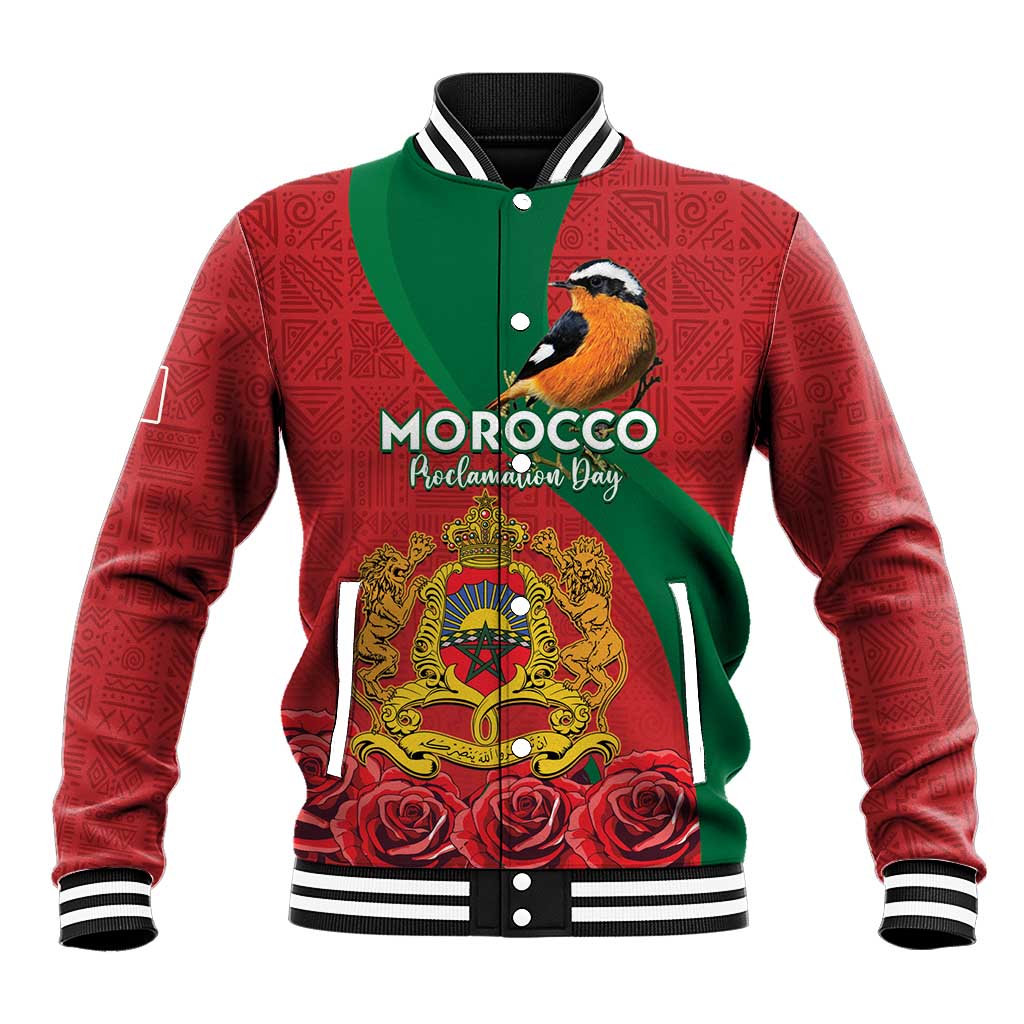 Personalised Morocco Proclamation Day Baseball Jacket Moussier's Redstart With Coat Of Arms - Wonder Print Shop
