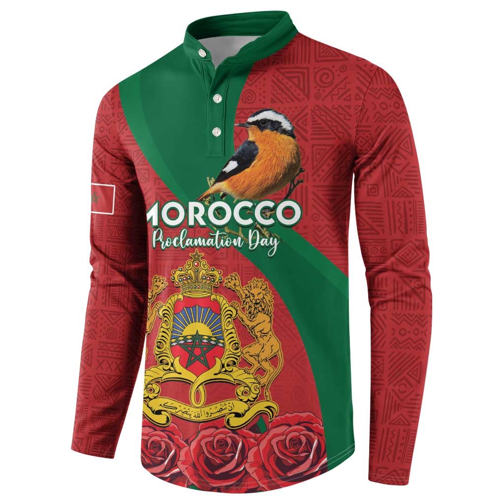 Personalised Morocco Proclamation Day Button Sweatshirt Moussier's Redstart With Coat Of Arms - Wonder Print Shop