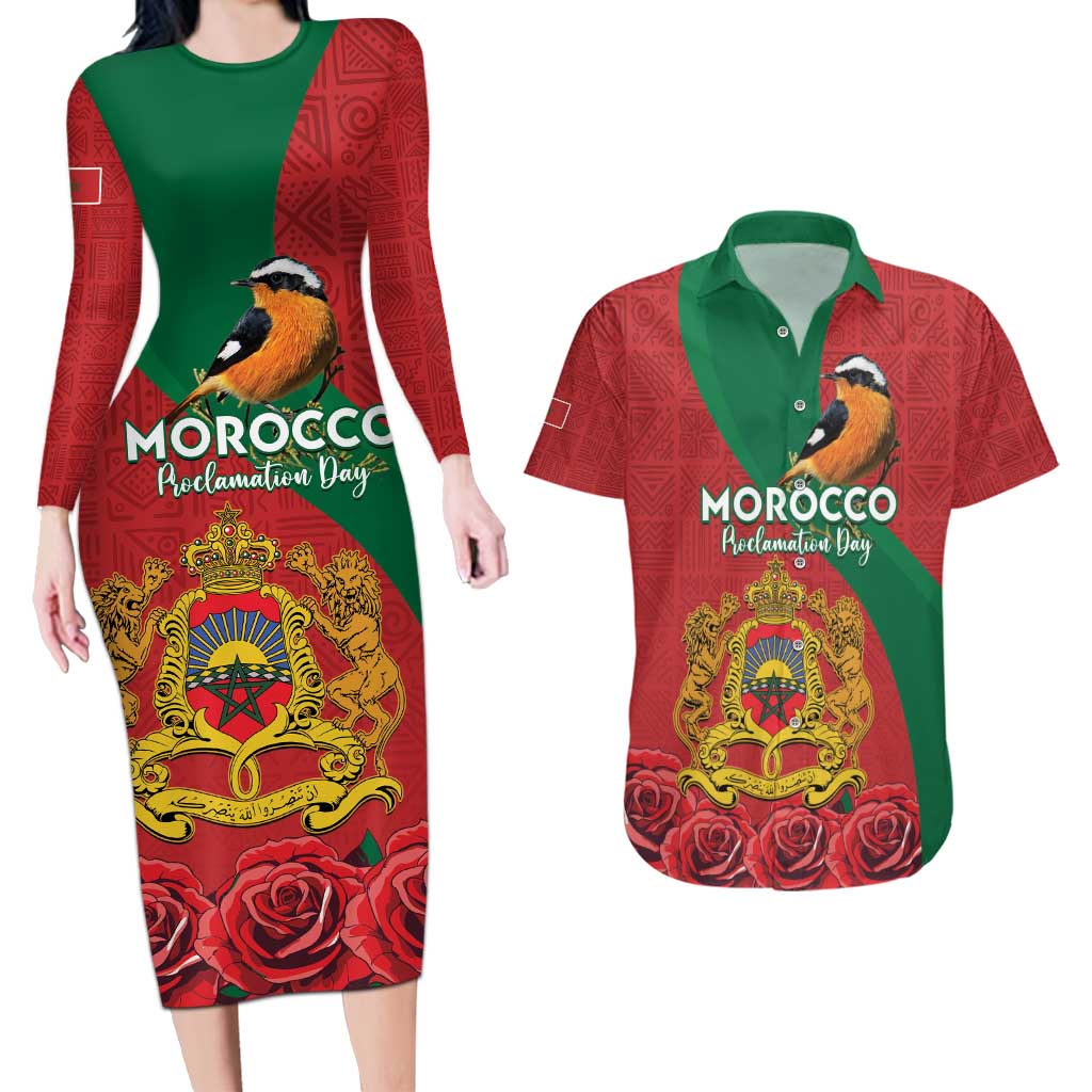 Personalised Morocco Proclamation Day Couples Matching Long Sleeve Bodycon Dress and Hawaiian Shirt Moussier's Redstart With Coat Of Arms - Wonder Print Shop