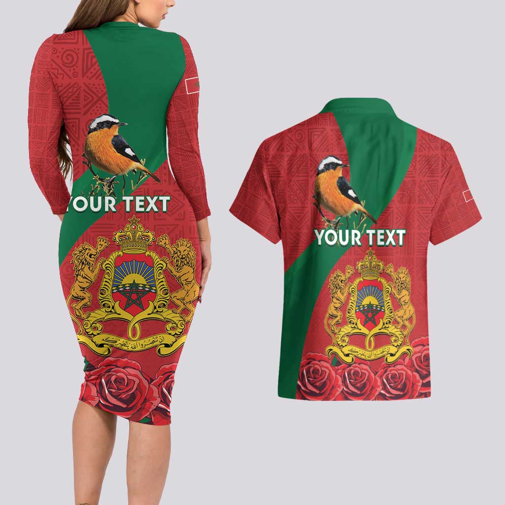 Personalised Morocco Proclamation Day Couples Matching Long Sleeve Bodycon Dress and Hawaiian Shirt Moussier's Redstart With Coat Of Arms - Wonder Print Shop