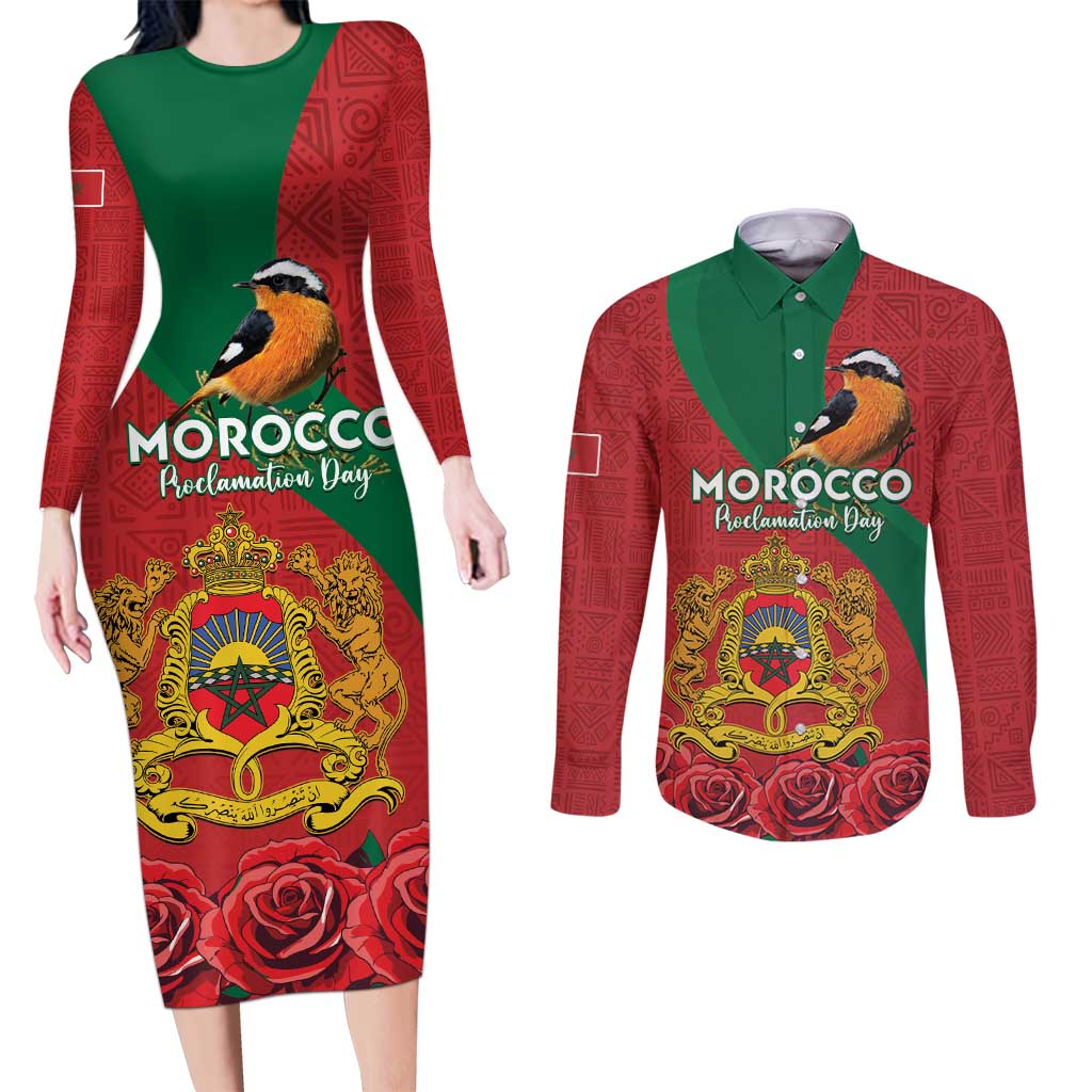 Personalised Morocco Proclamation Day Couples Matching Long Sleeve Bodycon Dress and Long Sleeve Button Shirt Moussier's Redstart With Coat Of Arms - Wonder Print Shop