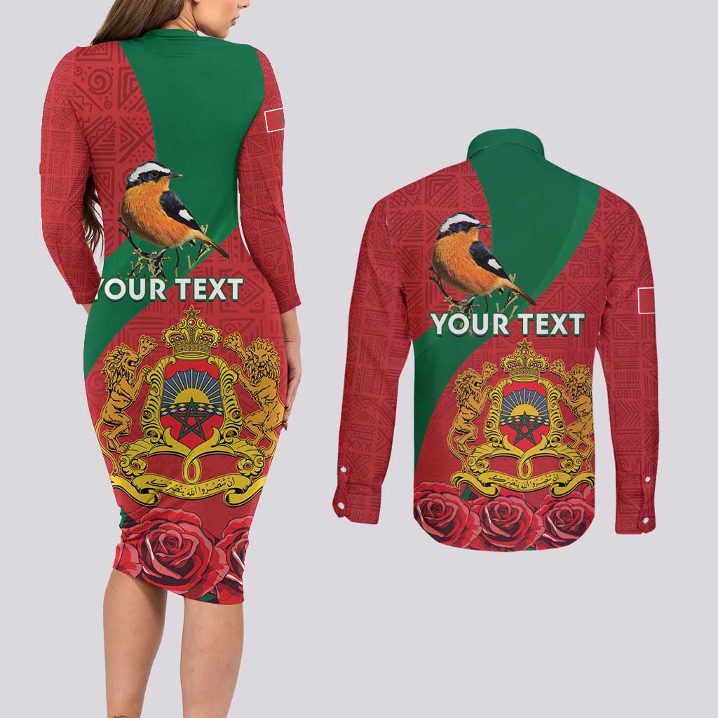 Personalised Morocco Proclamation Day Couples Matching Long Sleeve Bodycon Dress and Long Sleeve Button Shirt Moussier's Redstart With Coat Of Arms - Wonder Print Shop