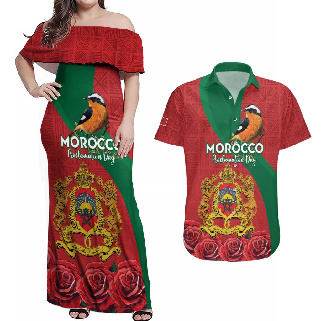 Personalised Morocco Proclamation Day Couples Matching Off Shoulder Maxi Dress and Hawaiian Shirt Moussier's Redstart With Coat Of Arms - Wonder Print Shop