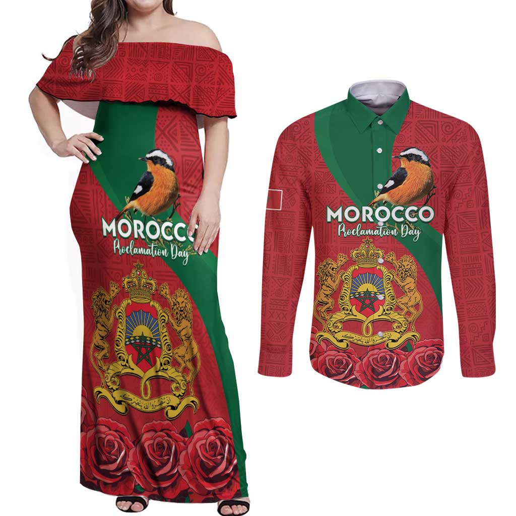 Personalised Morocco Proclamation Day Couples Matching Off Shoulder Maxi Dress and Long Sleeve Button Shirt Moussier's Redstart With Coat Of Arms - Wonder Print Shop