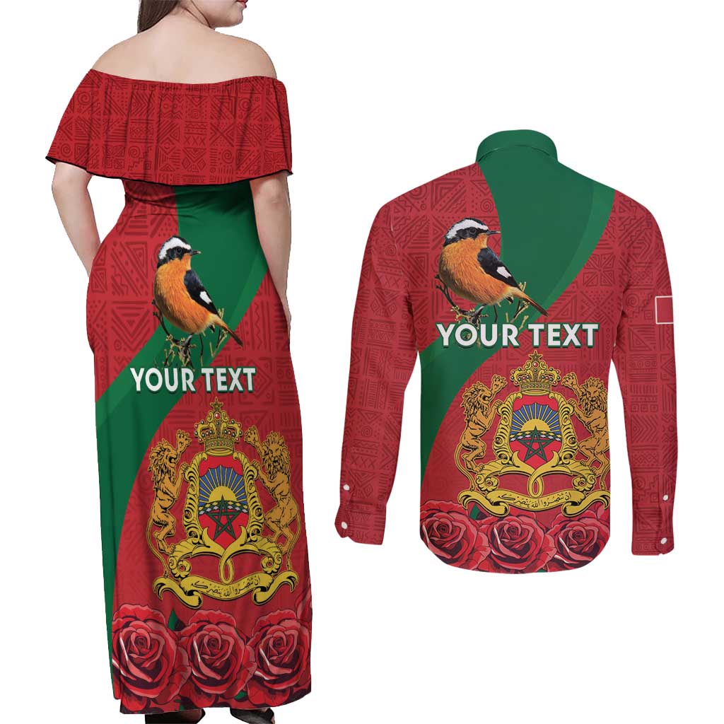 Personalised Morocco Proclamation Day Couples Matching Off Shoulder Maxi Dress and Long Sleeve Button Shirt Moussier's Redstart With Coat Of Arms - Wonder Print Shop