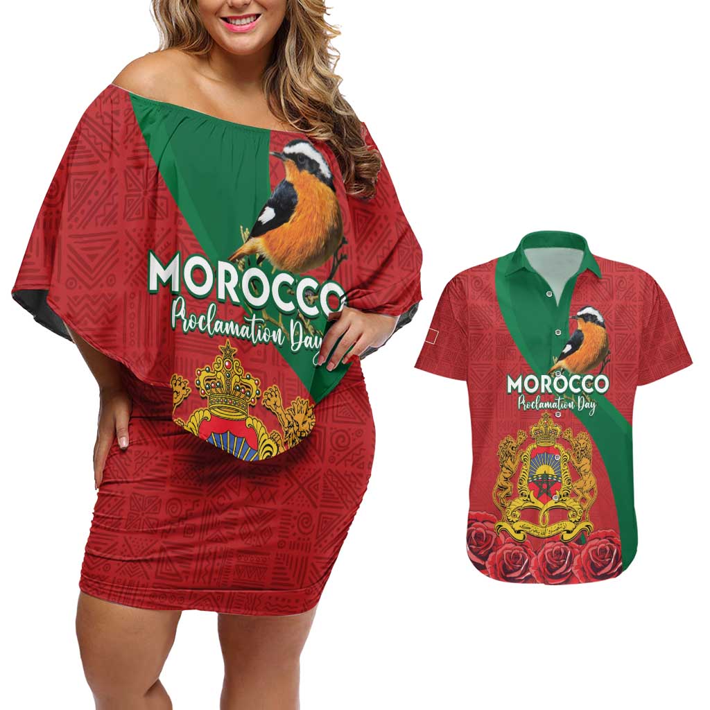 Personalised Morocco Proclamation Day Couples Matching Off Shoulder Short Dress and Hawaiian Shirt Moussier's Redstart With Coat Of Arms - Wonder Print Shop