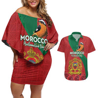 Personalised Morocco Proclamation Day Couples Matching Off Shoulder Short Dress and Hawaiian Shirt Moussier's Redstart With Coat Of Arms - Wonder Print Shop