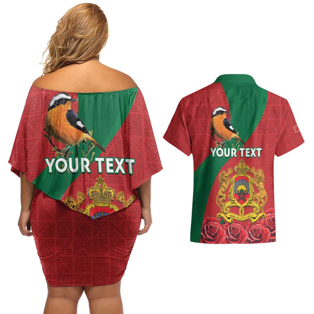 Personalised Morocco Proclamation Day Couples Matching Off Shoulder Short Dress and Hawaiian Shirt Moussier's Redstart With Coat Of Arms - Wonder Print Shop