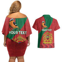 Personalised Morocco Proclamation Day Couples Matching Off Shoulder Short Dress and Hawaiian Shirt Moussier's Redstart With Coat Of Arms - Wonder Print Shop