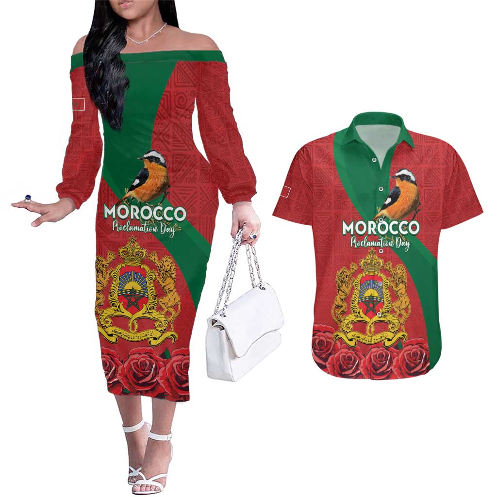 Personalised Morocco Proclamation Day Couples Matching Off The Shoulder Long Sleeve Dress and Hawaiian Shirt Moussier's Redstart With Coat Of Arms - Wonder Print Shop