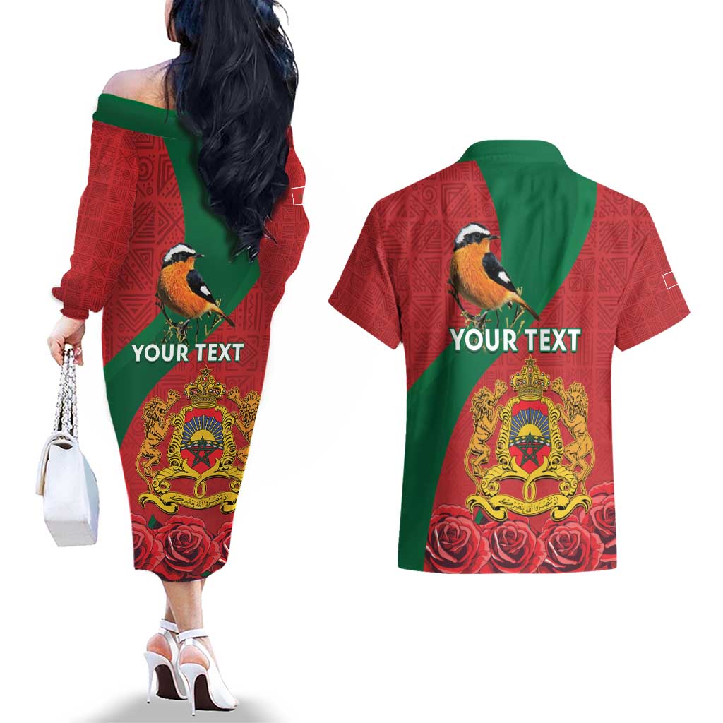 Personalised Morocco Proclamation Day Couples Matching Off The Shoulder Long Sleeve Dress and Hawaiian Shirt Moussier's Redstart With Coat Of Arms - Wonder Print Shop