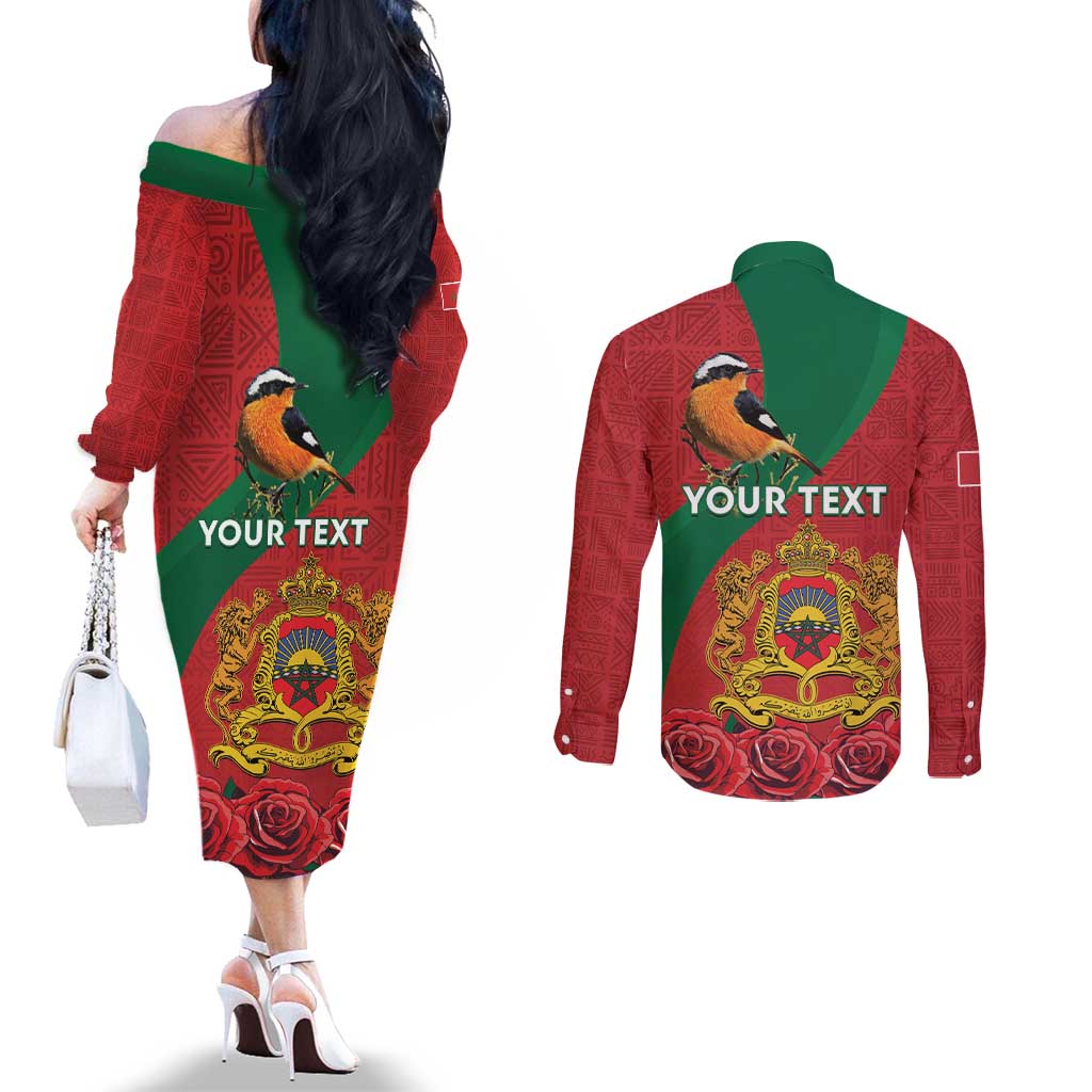 Personalised Morocco Proclamation Day Couples Matching Off The Shoulder Long Sleeve Dress and Long Sleeve Button Shirt Moussier's Redstart With Coat Of Arms