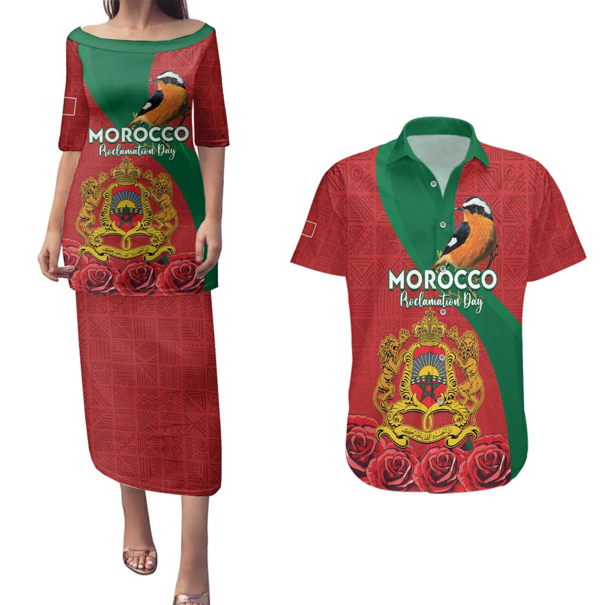 Personalised Morocco Proclamation Day Couples Matching Puletasi and Hawaiian Shirt Moussier's Redstart With Coat Of Arms - Wonder Print Shop