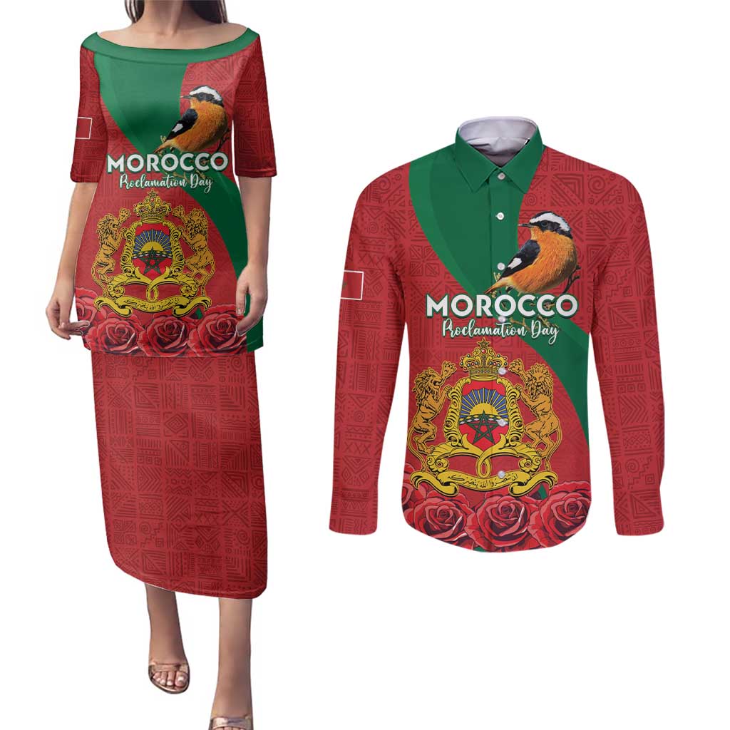 Personalised Morocco Proclamation Day Couples Matching Puletasi and Long Sleeve Button Shirt Moussier's Redstart With Coat Of Arms - Wonder Print Shop