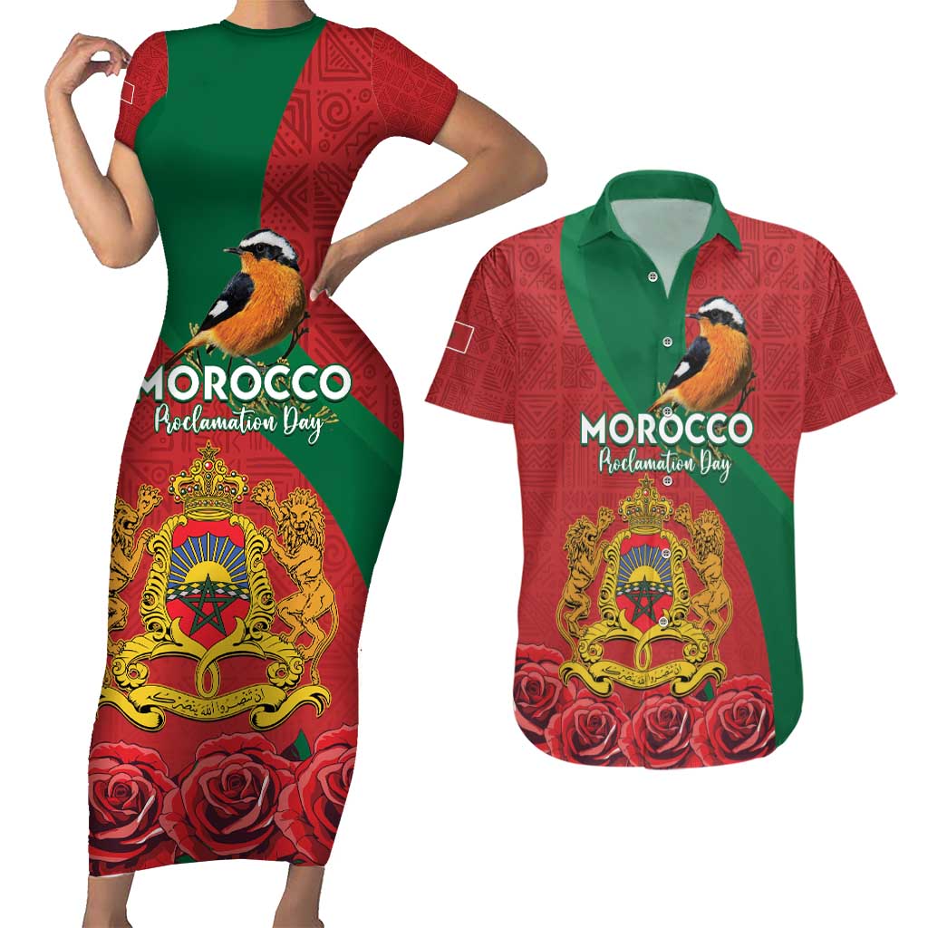 Personalised Morocco Proclamation Day Couples Matching Short Sleeve Bodycon Dress and Hawaiian Shirt Moussier's Redstart With Coat Of Arms - Wonder Print Shop