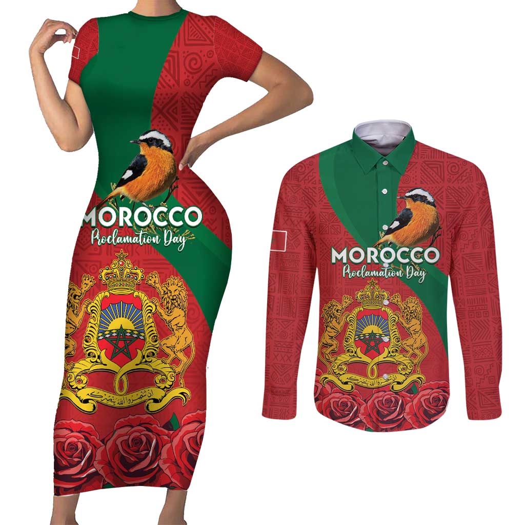 Personalised Morocco Proclamation Day Couples Matching Short Sleeve Bodycon Dress and Long Sleeve Button Shirt Moussier's Redstart With Coat Of Arms - Wonder Print Shop