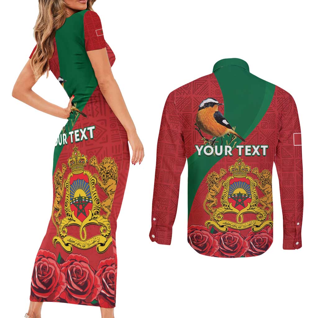 Personalised Morocco Proclamation Day Couples Matching Short Sleeve Bodycon Dress and Long Sleeve Button Shirt Moussier's Redstart With Coat Of Arms - Wonder Print Shop