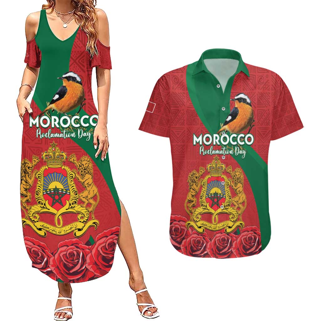 Personalised Morocco Proclamation Day Couples Matching Summer Maxi Dress and Hawaiian Shirt Moussier's Redstart With Coat Of Arms - Wonder Print Shop