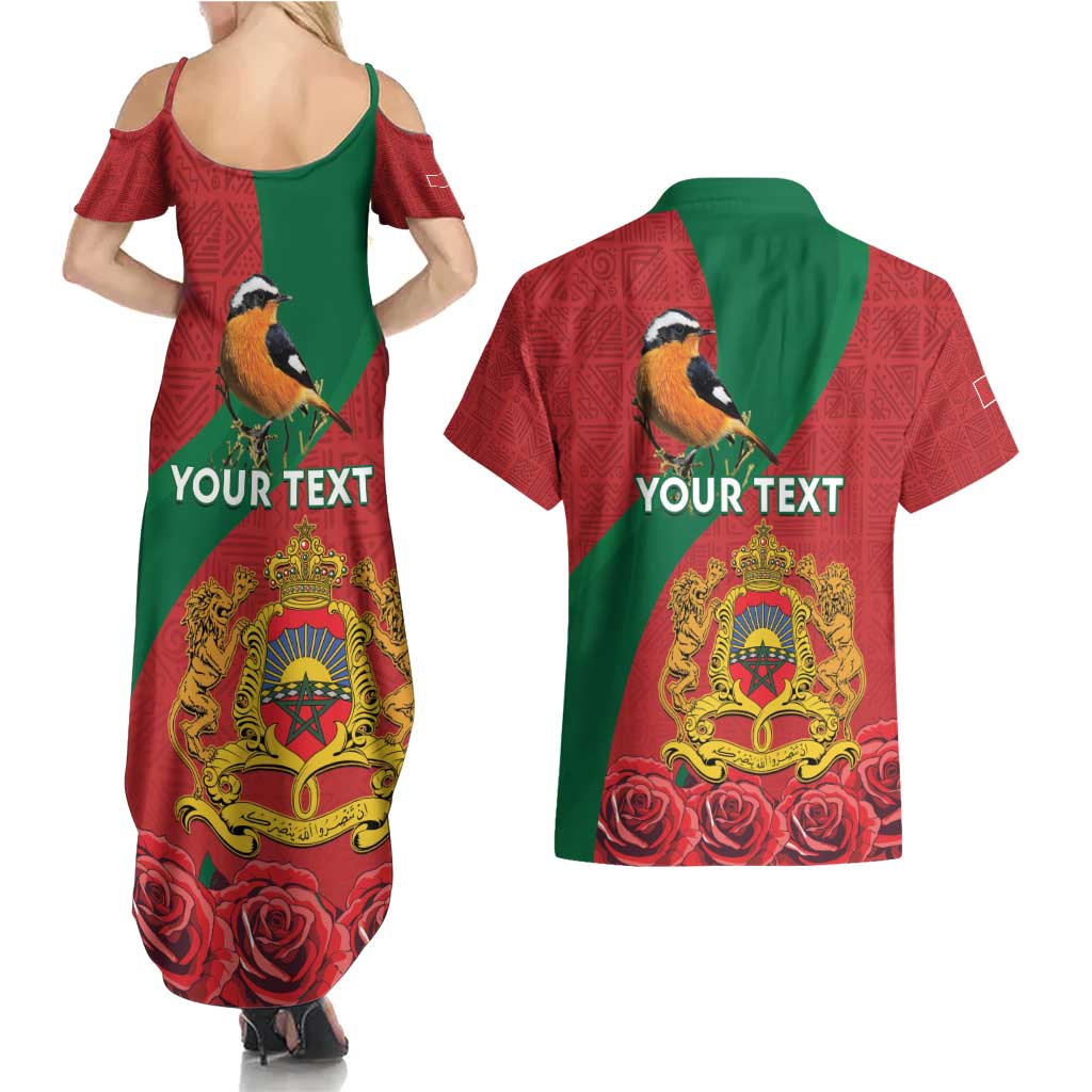 Personalised Morocco Proclamation Day Couples Matching Summer Maxi Dress and Hawaiian Shirt Moussier's Redstart With Coat Of Arms - Wonder Print Shop