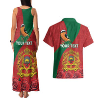 Personalised Morocco Proclamation Day Couples Matching Tank Maxi Dress and Hawaiian Shirt Moussier's Redstart With Coat Of Arms - Wonder Print Shop
