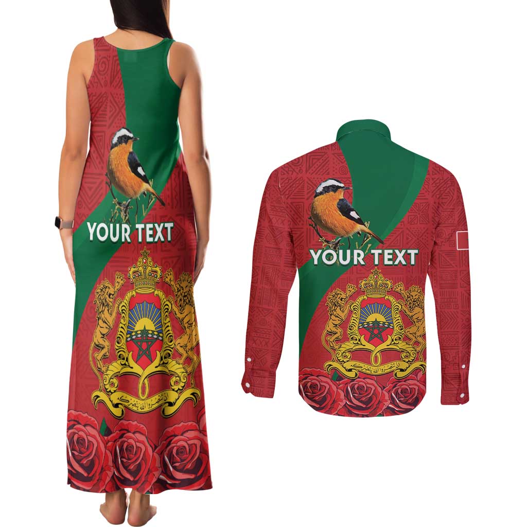 Personalised Morocco Proclamation Day Couples Matching Tank Maxi Dress and Long Sleeve Button Shirt Moussier's Redstart With Coat Of Arms - Wonder Print Shop