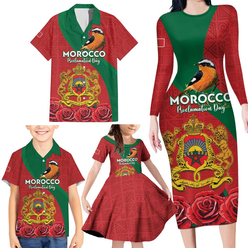 Personalised Morocco Proclamation Day Family Matching Long Sleeve Bodycon Dress and Hawaiian Shirt Moussier's Redstart With Coat Of Arms - Wonder Print Shop
