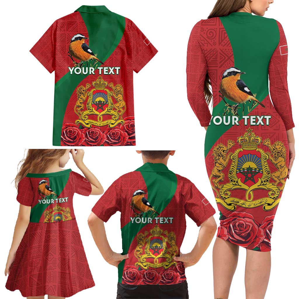 Personalised Morocco Proclamation Day Family Matching Long Sleeve Bodycon Dress and Hawaiian Shirt Moussier's Redstart With Coat Of Arms - Wonder Print Shop