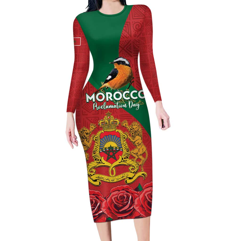 Personalised Morocco Proclamation Day Family Matching Long Sleeve Bodycon Dress and Hawaiian Shirt Moussier's Redstart With Coat Of Arms - Wonder Print Shop