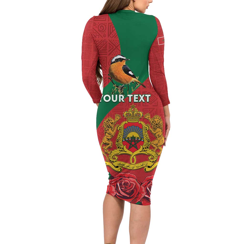 Personalised Morocco Proclamation Day Family Matching Long Sleeve Bodycon Dress and Hawaiian Shirt Moussier's Redstart With Coat Of Arms - Wonder Print Shop