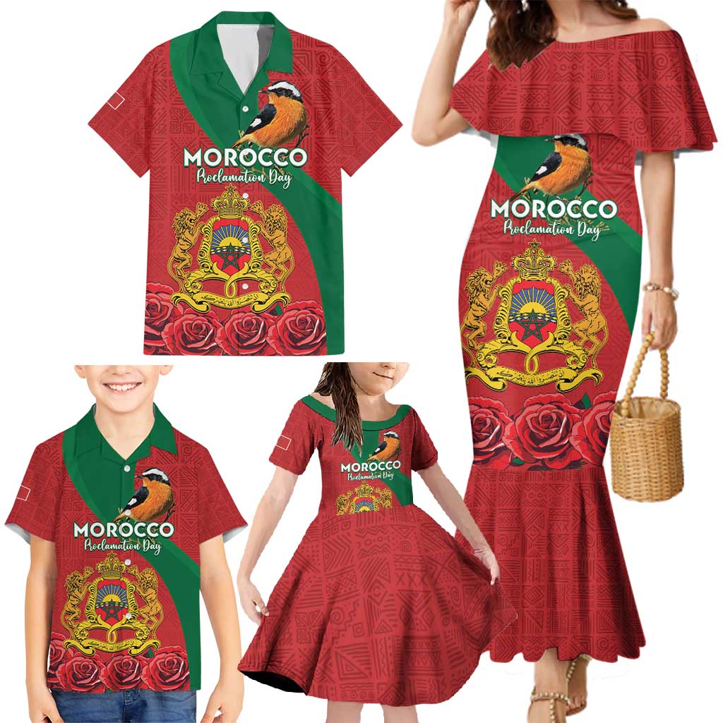 Personalised Morocco Proclamation Day Family Matching Mermaid Dress and Hawaiian Shirt Moussier's Redstart With Coat Of Arms - Wonder Print Shop