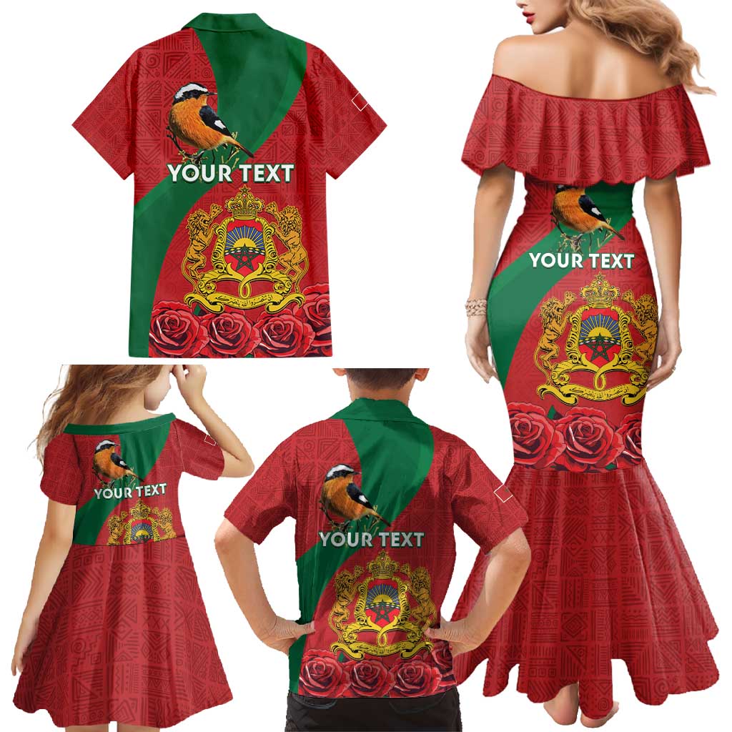 Personalised Morocco Proclamation Day Family Matching Mermaid Dress and Hawaiian Shirt Moussier's Redstart With Coat Of Arms - Wonder Print Shop