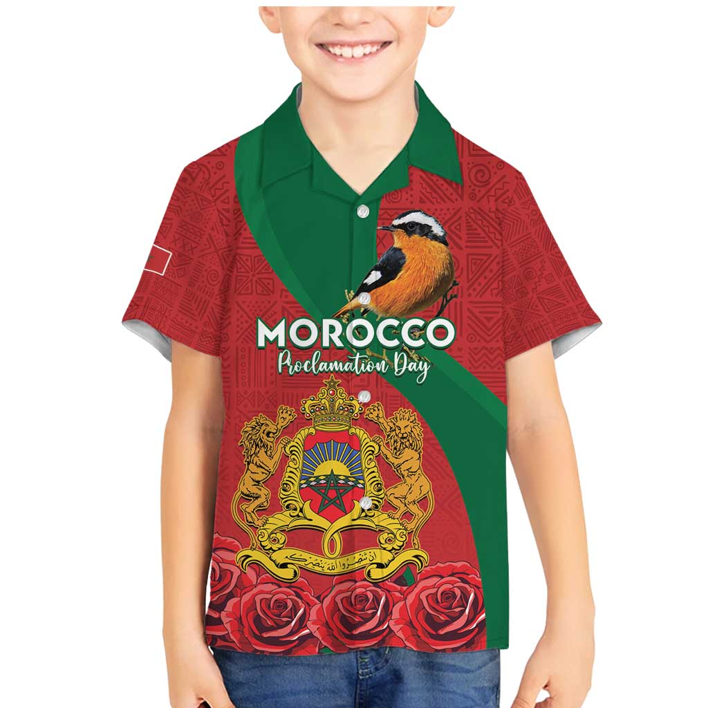 Personalised Morocco Proclamation Day Family Matching Mermaid Dress and Hawaiian Shirt Moussier's Redstart With Coat Of Arms - Wonder Print Shop